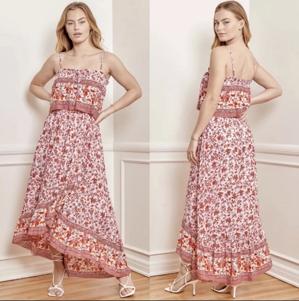 Lulus Oh My Love Spaghetti Strap Pink Floral Ruffled Wrap Maxi Dress Size Medium